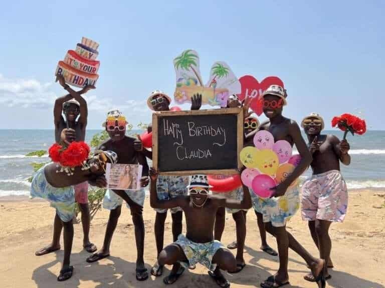 African dancers performing in a birthday video with music and smiles